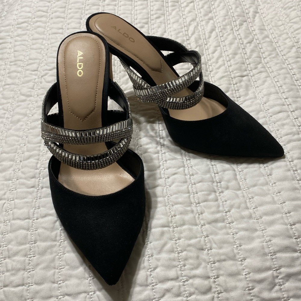 Aldo Noawia Black Suede Rhinestone Heels